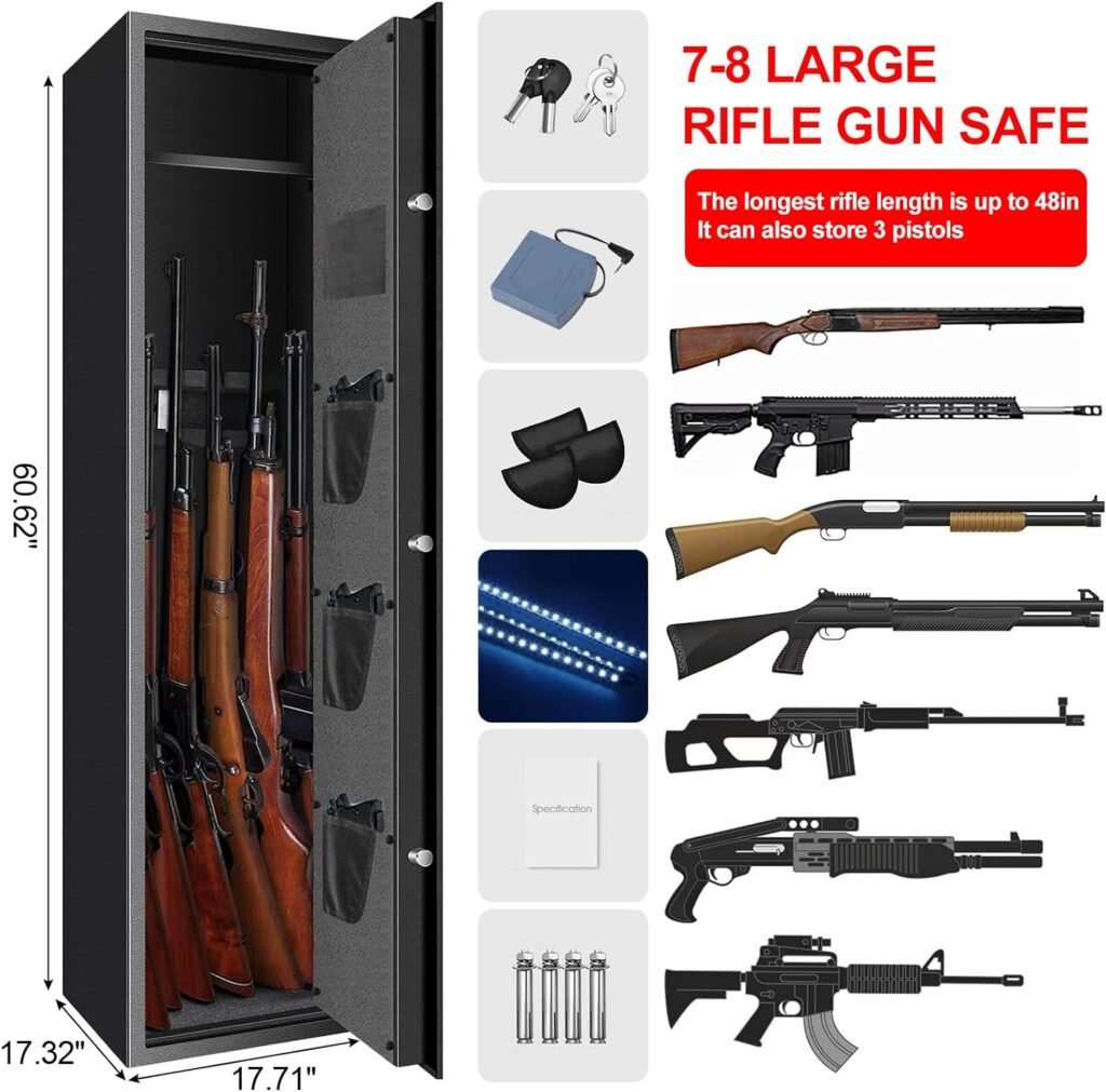 7-8 Extra Large Biometric Gun Safes for Home Rifle and Pistols, Heavy Duty Anti-Theft Long Gun Safes for Rifles and Shotguns with Adjustable Gun Rack, Handgun Pockets and LED Lights