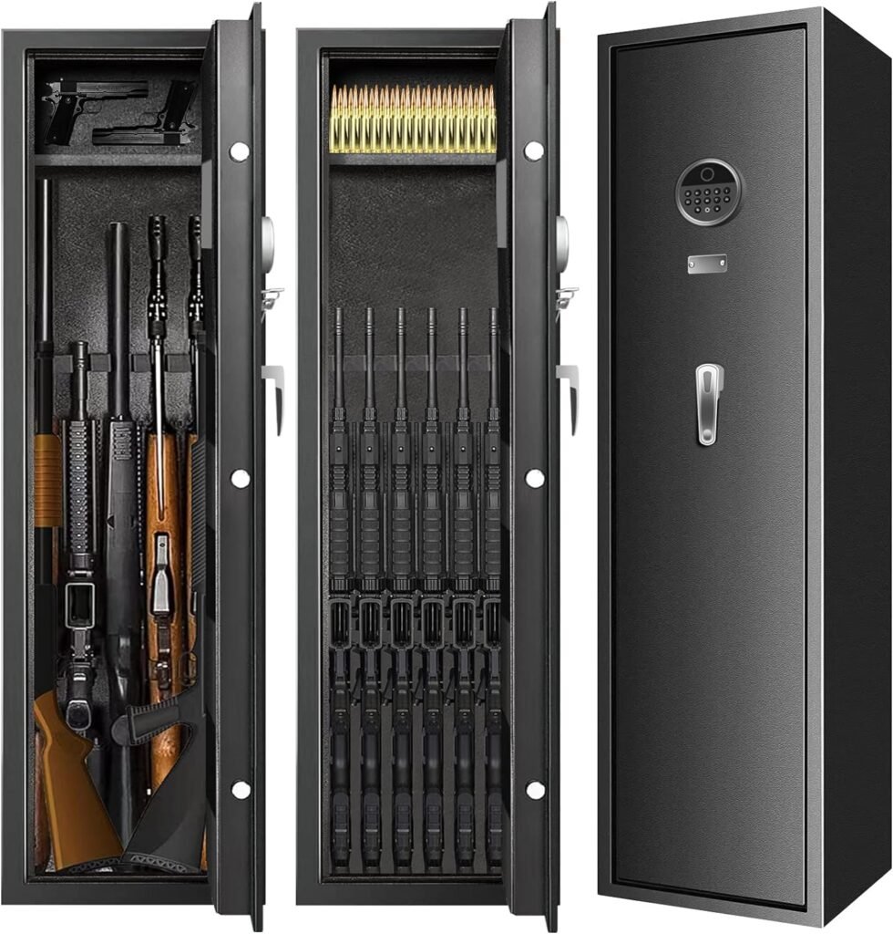 7-8 Extra Large Biometric Gun Safes for Home Rifle and Pistols, Heavy Duty Anti-Theft Long Gun Safes for Rifles and Shotguns with Adjustable Gun Rack, Handgun Pockets and LED Lights