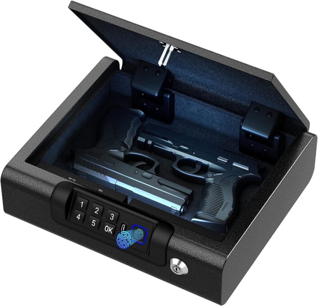 Gun Safe,Biometric Gun Safe for Pistols 3-Ways unlock Safe Fingerprint Digital PIN Key Unlock with Voice, Gun lock box for Cloakroom living room Bedroom Nightstand and Car BILLCONCH