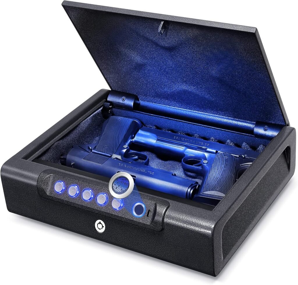Biometric Fingerprint Gun Safe-Quick Access,100 Fingerprints,Backlit Keypad, Silent Entry,Backup Keys,Biometric Gun Safe for Handgun Pistols for Nightstand, Bedside, Home, Car Travel