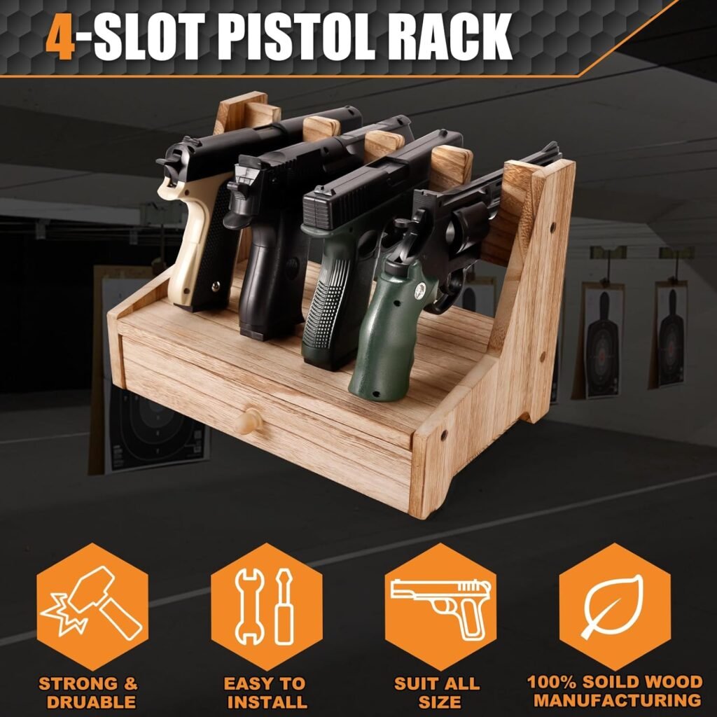 Pistol Rack for Gun Safe Shelf, 4-Slot Wood Handgun Holder with Divided Ammo Drawer, Compact Gun Storage Cabinet for Nightstand, Indoor Gun Safe Organizer Accessories for Man