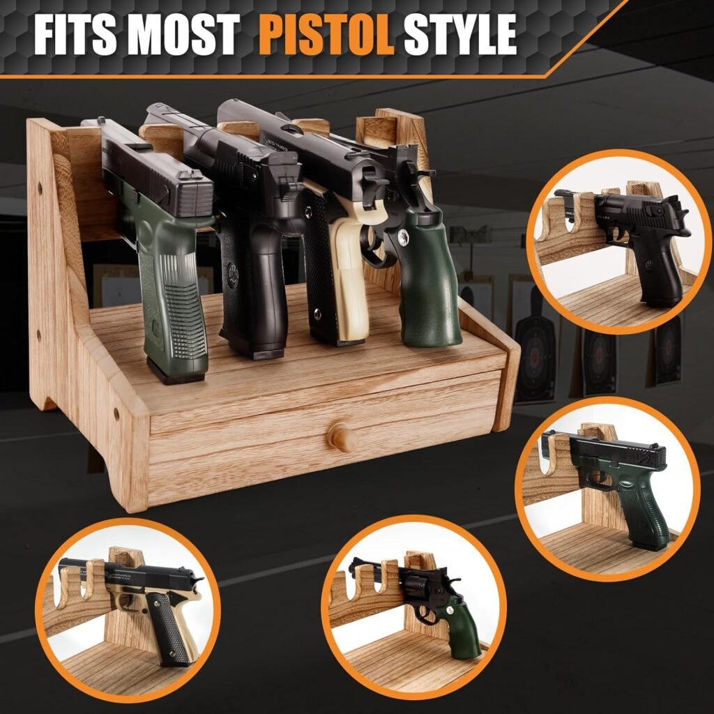 Pistol Rack for Gun Safe Shelf, 4-Slot Wood Handgun Holder with Divided Ammo Drawer, Compact Gun Storage Cabinet for Nightstand, Indoor Gun Safe Organizer Accessories for Man