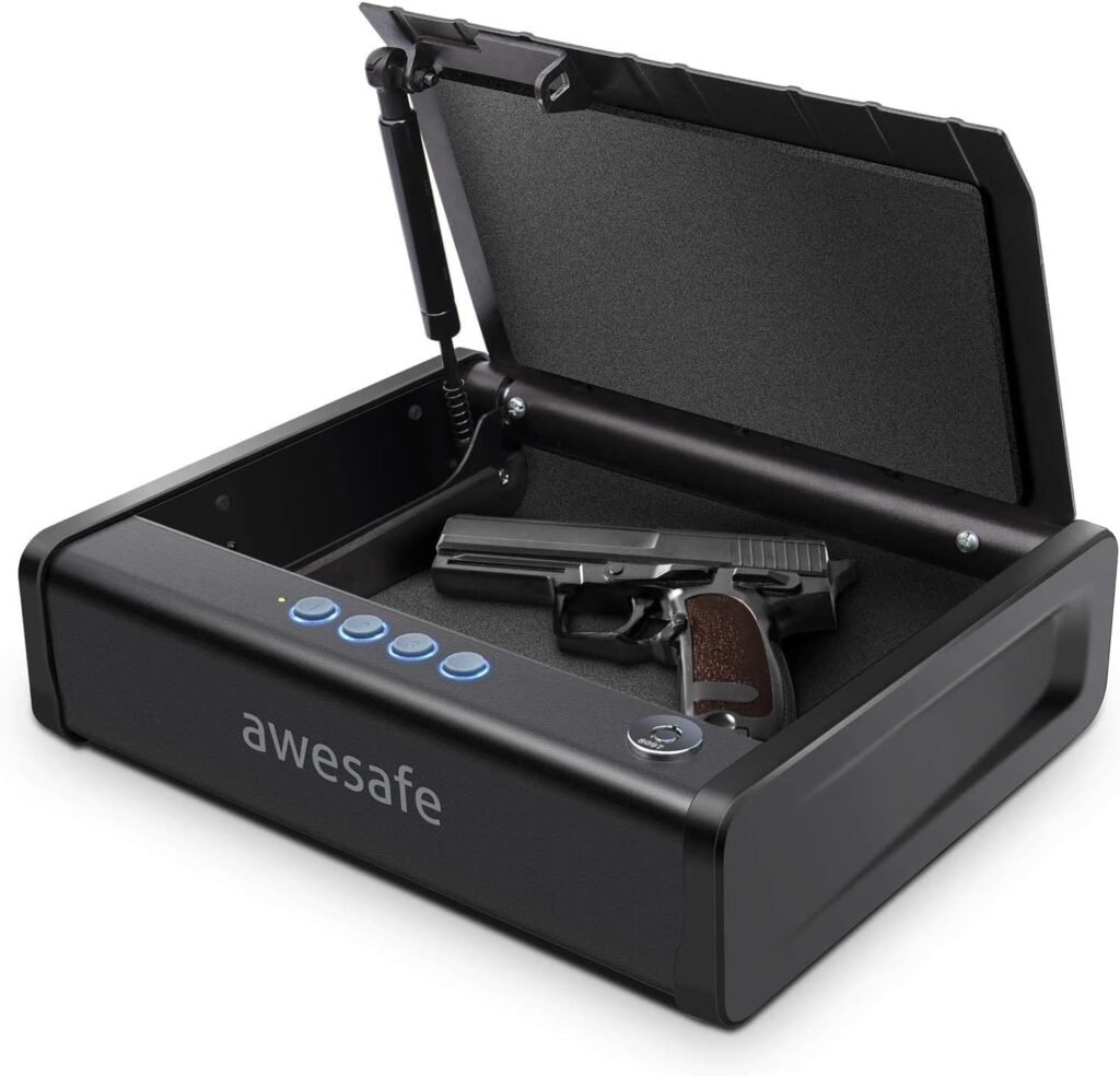 awesafe Gun Safe, Updated Biometric Gun Safe for Pistols, Quick Access Pistol Safe Fingerprint Handgun Safe with Keys and Keypad, Beside Gun Lock Box for Home, Nightstand and Desk