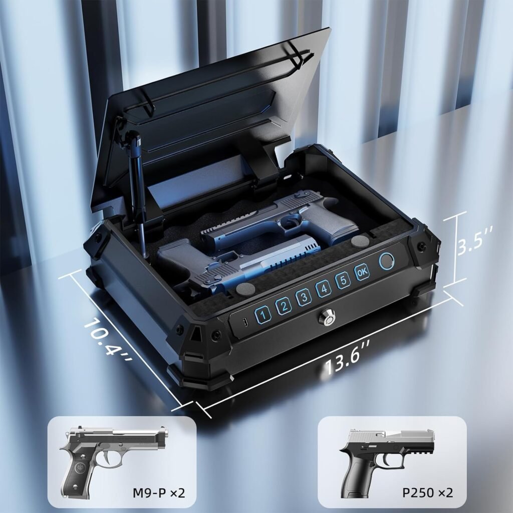 Gun Safe, Quick-Access Pistol Safe for Multiple Handguns with Biometric Fingerprint Lock|Keypad|Keys,Handgun Safe, Safe for Cloakroom living room Bedroom Nightstand