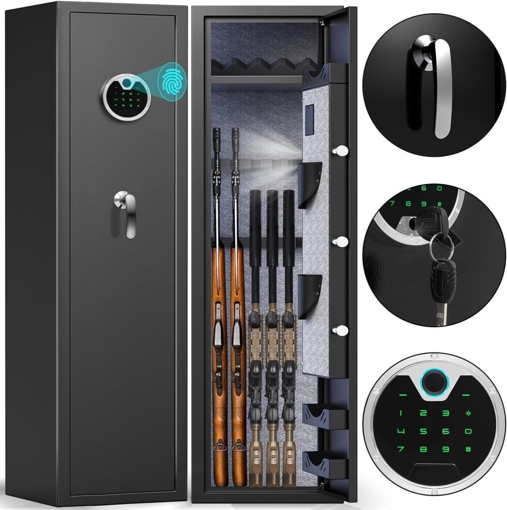 Riflewell Fireproof Gun Safe, 4-5 Gun Biometric Fingerprint Rifle Safes for Home Rifle and Pistols, Long Gun Safe with Touchscree Backlit Keypad, Dual Alarm System  Mute Function