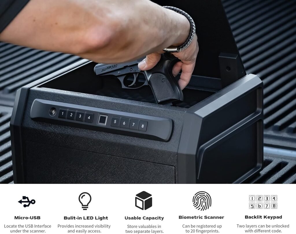 RPNB Gun Safe, High Capacity Multifunction Pistol Safe with Biometric Fingerprint, Double-Layer Quick-Access Firearm Safety Device
