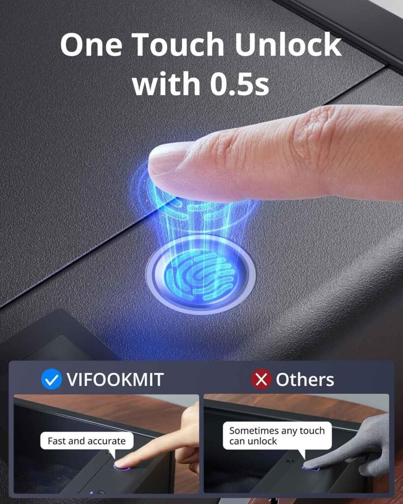 VIFOOKMIT Gun Safe,Biometric Gun Safes for Pistols with 36 Months Standby Time,Handgun Safe for Storage in Drawers/Wall-Mounted/Bedside/Car,Quick Access to Unlock with Fingerprint (VFM-22 OLED+)
