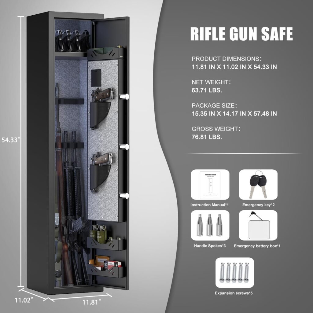 Fireproof Gun Safe, 5 Gun Heavy Biometric Fingerprint Rifle Safe, Gun Safes for Home Rifle and Pistols with LCD Screen Keypad and Silent Mode, 3 Adjustable Gun Slots and 3 Metal Storage Box