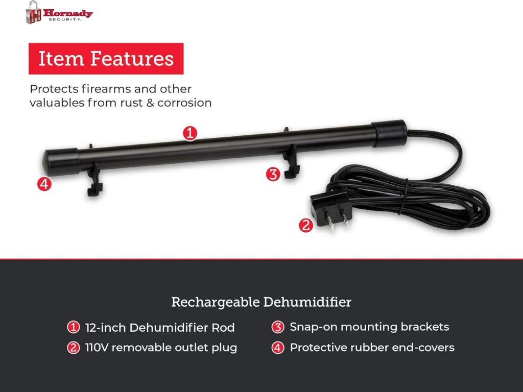 Hornady Gun Safe Dehumidifier Rod 12 Inch, Black, 95903 - Maintenance-Free Plug-In Electric Dehumidifier Eliminates Moisture for Gun Safes  Cabinets to Help Prevent Rust  Corrosion in Your Gun Vault